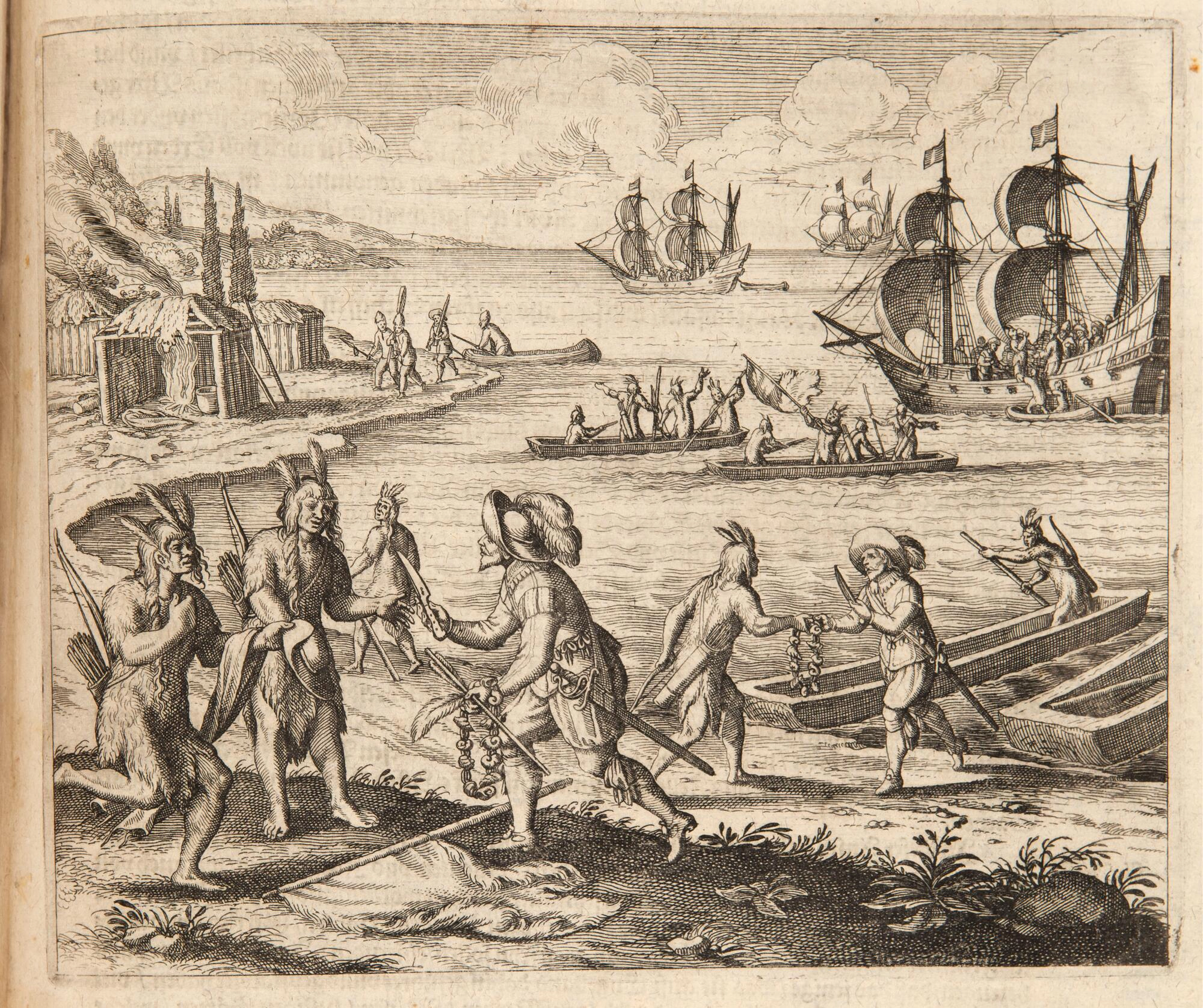 An historic engraving illustrating exchange between European and Native peoples.