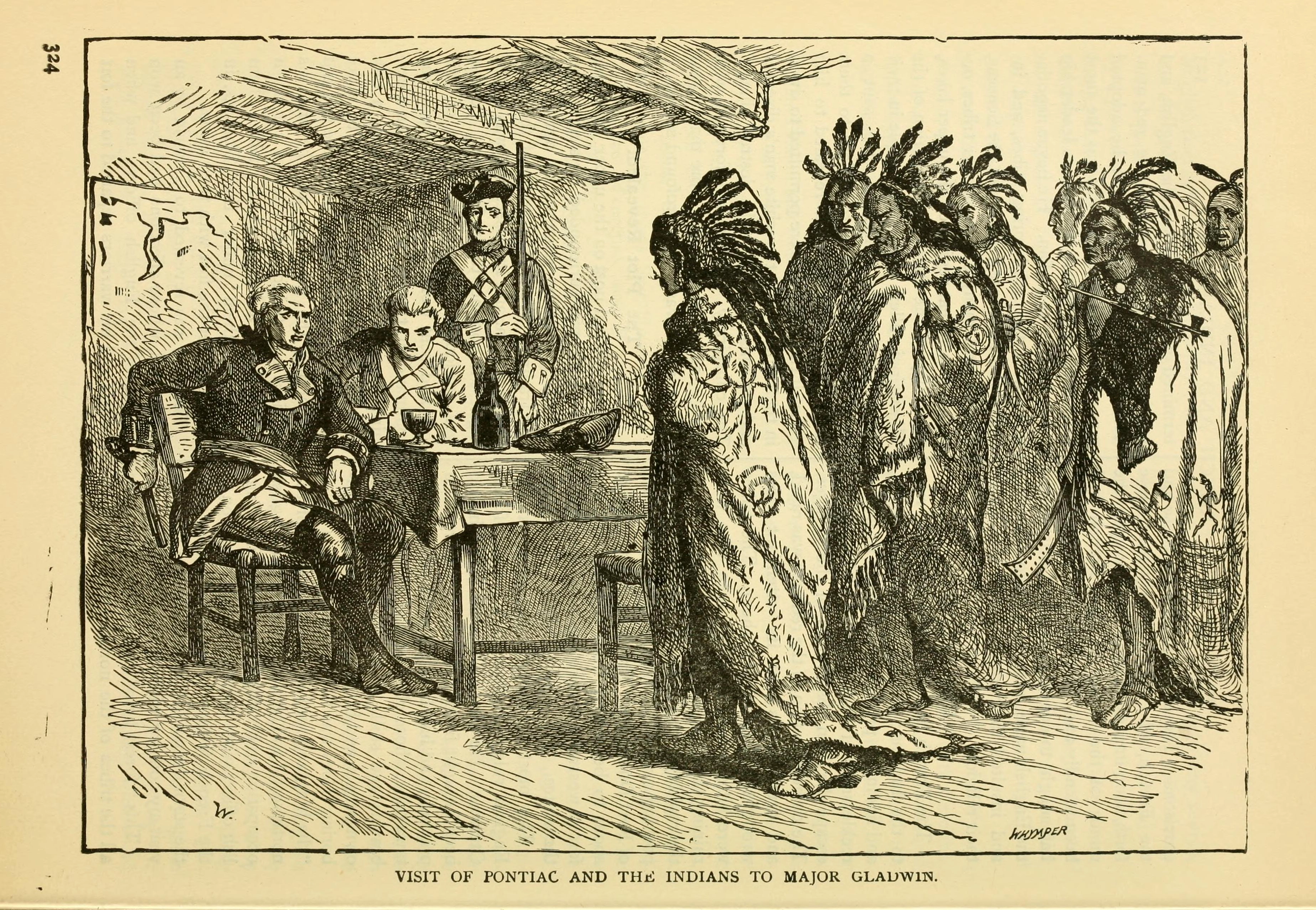 Historic depiction of Native leaders in robes standing before two seated English men by a table.