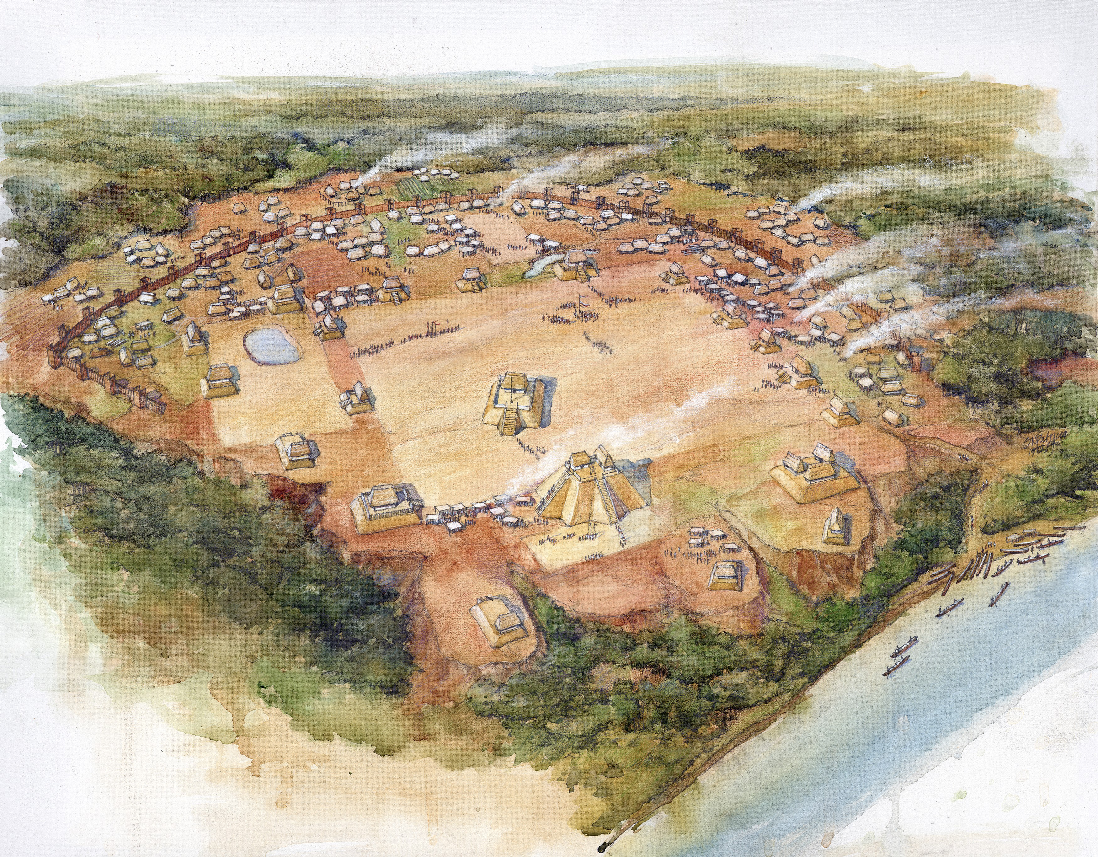 Artist rendition of Moundville ancestral site from aerial view.
