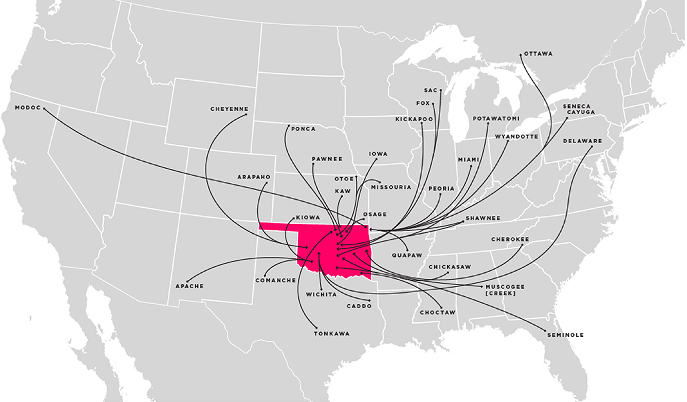 A gray map of the continental United States with all 39 tribes names over their homelands with black lines to their current reservation areas in the state of Oklahoma (highlighted in pink).