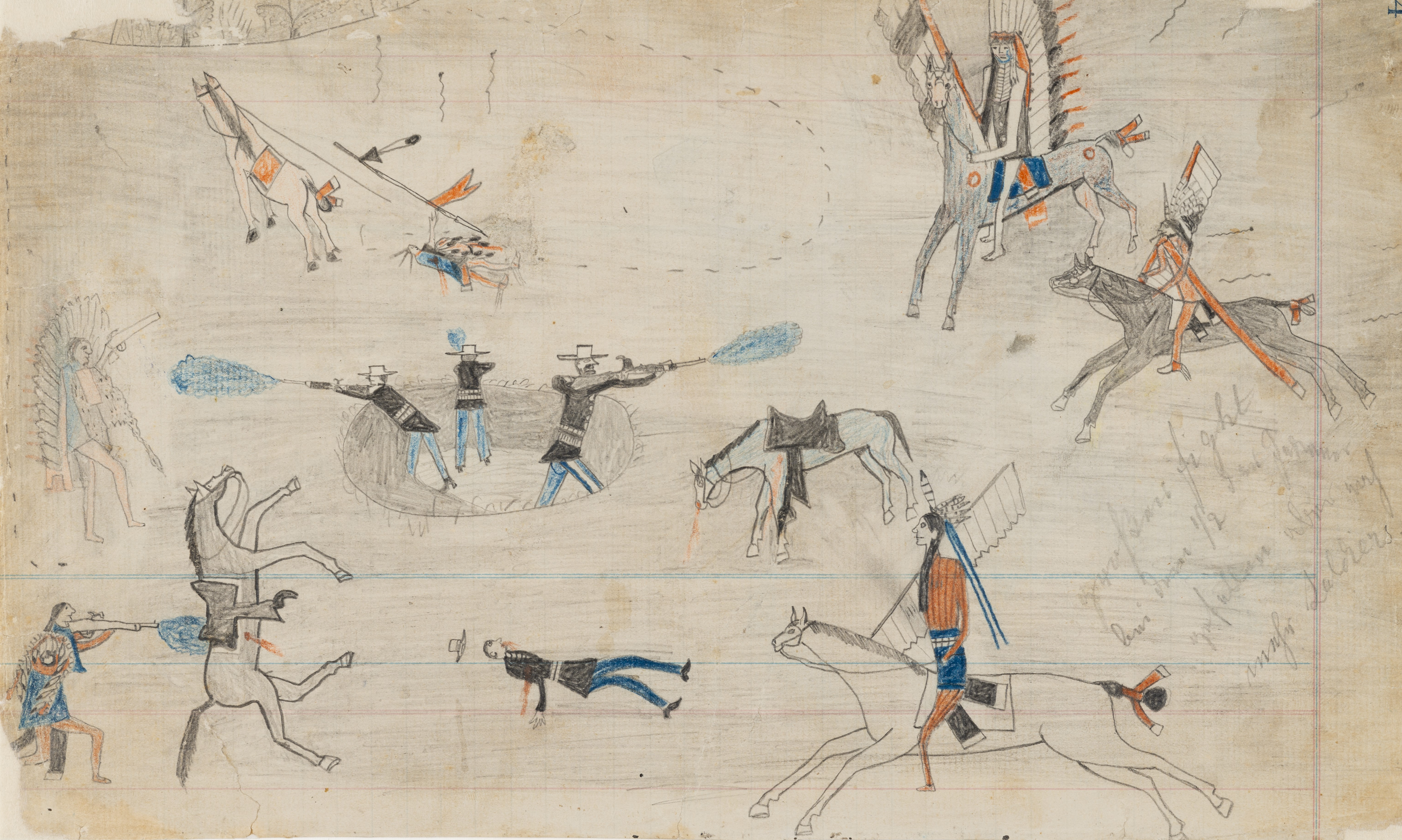 Depiction of a battle among Native warriors and American soldiers.