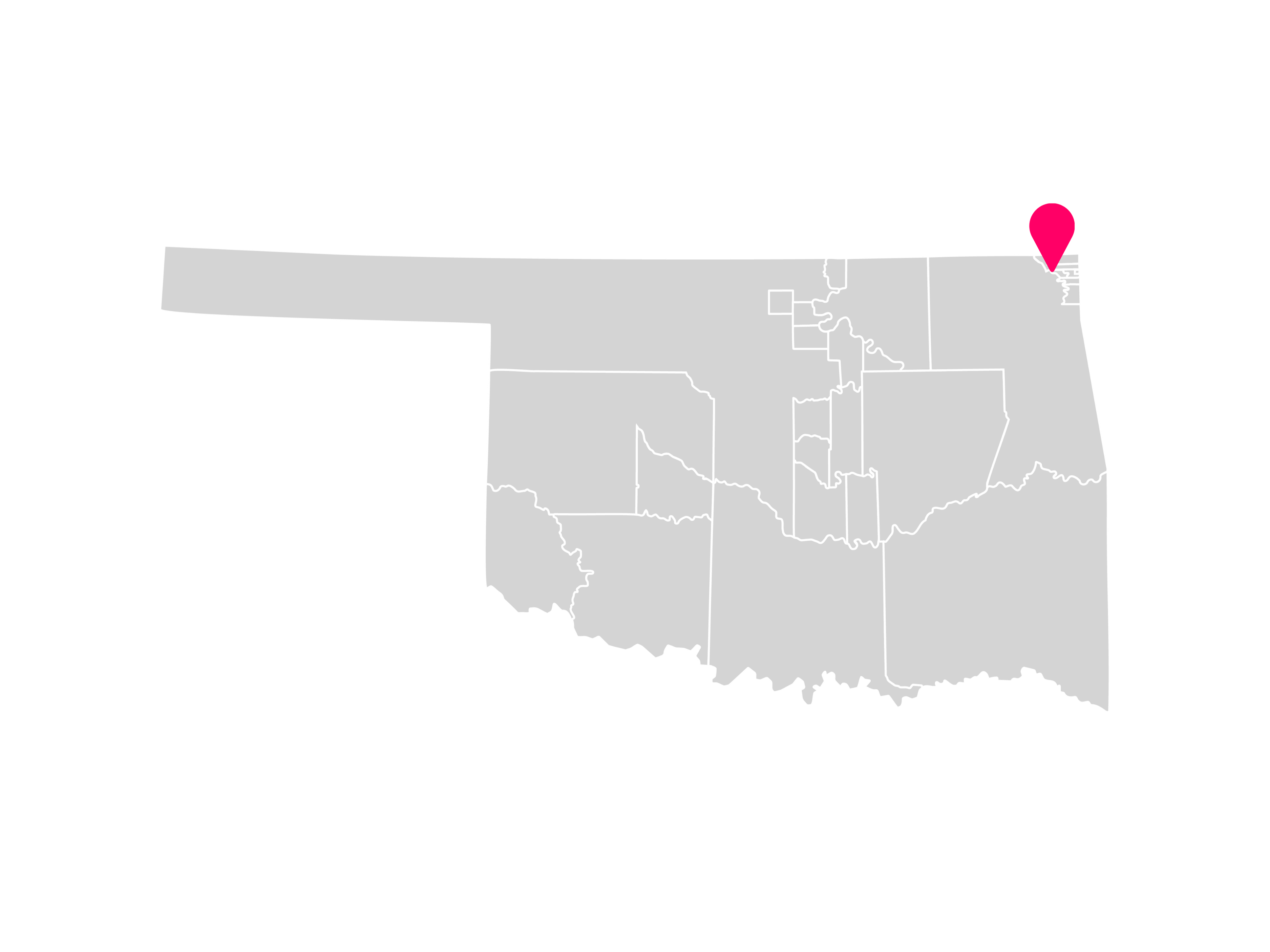 A gray map showing the tribal jurisdiction areas of Oklahoma with a pink pin marking Miami, Oklahoma, where the Modoc Tribe of Oklahoma is headquartered.