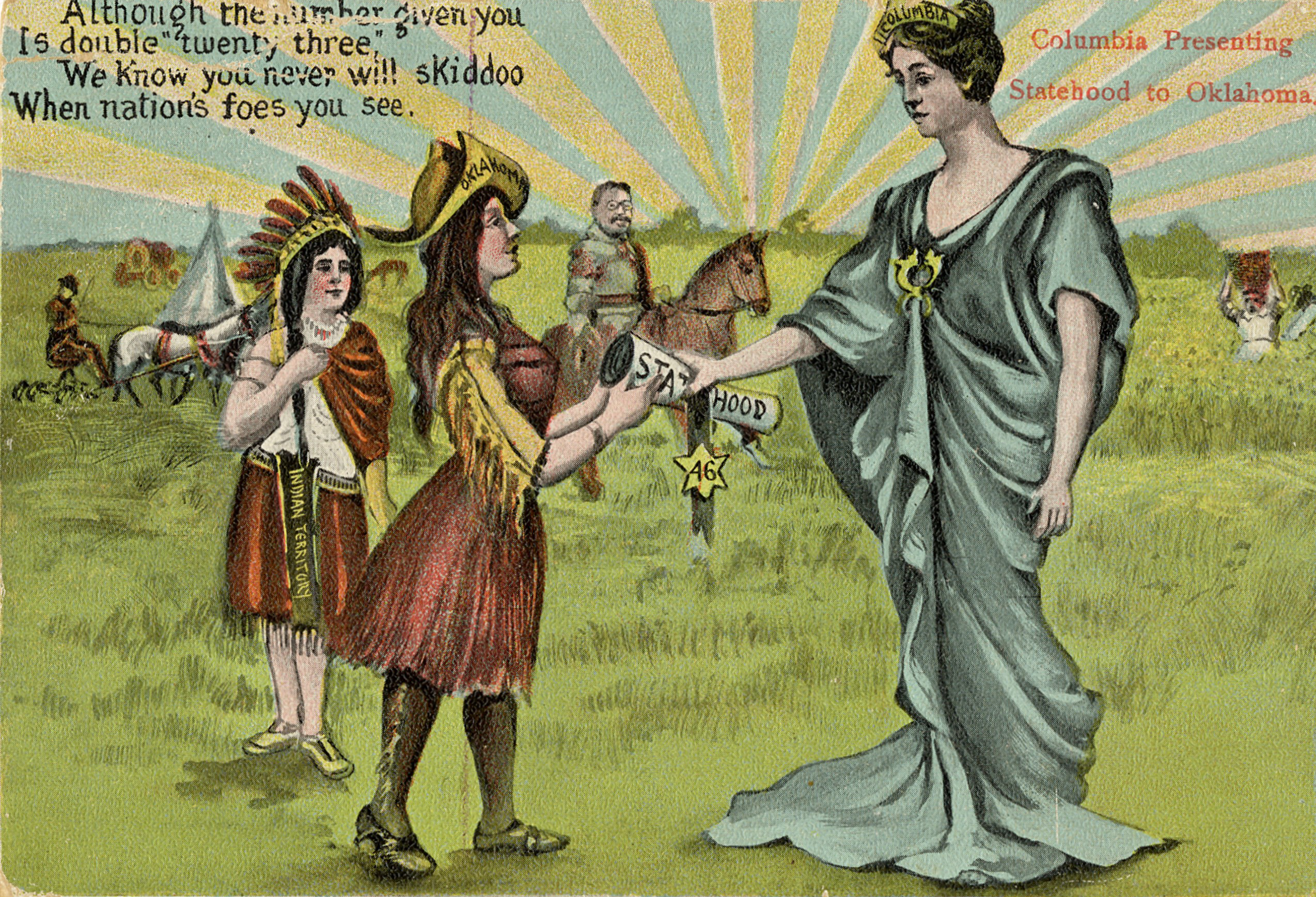Political cartoon showing the a woman in robes handing a scroll reading "Statehood" to a woman wearing a hat labeled Oklahoma. 
