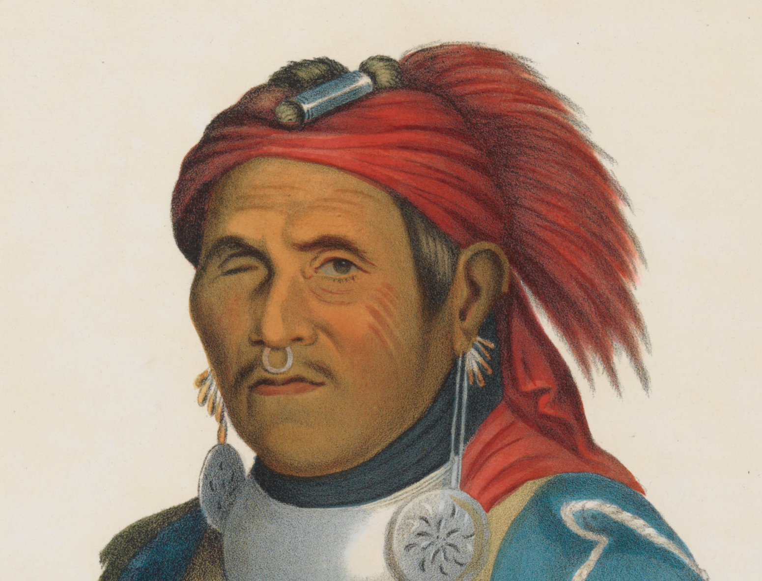 Colored depiction of a Native leader with one eye closed.