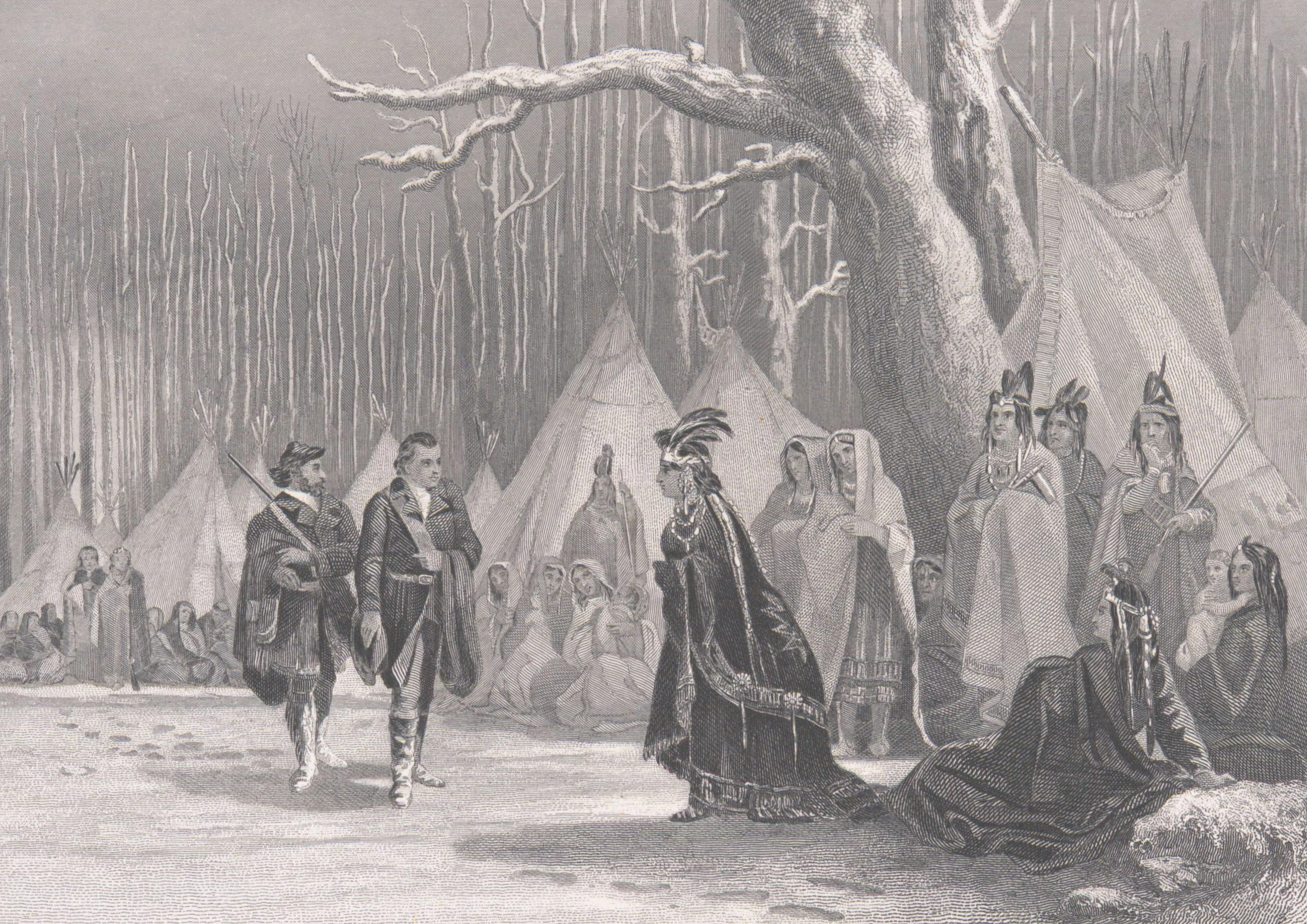 Black and white etching of an historical scene with several people approaching a man standing before a reclining woman.