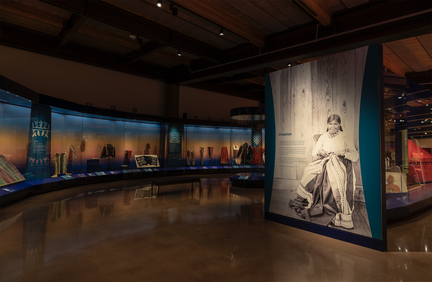 The beginning of the WINIKO exhibition on the second floor of the First Americans Museum showing historical Native American items collected by the Smithsonian Institution. 