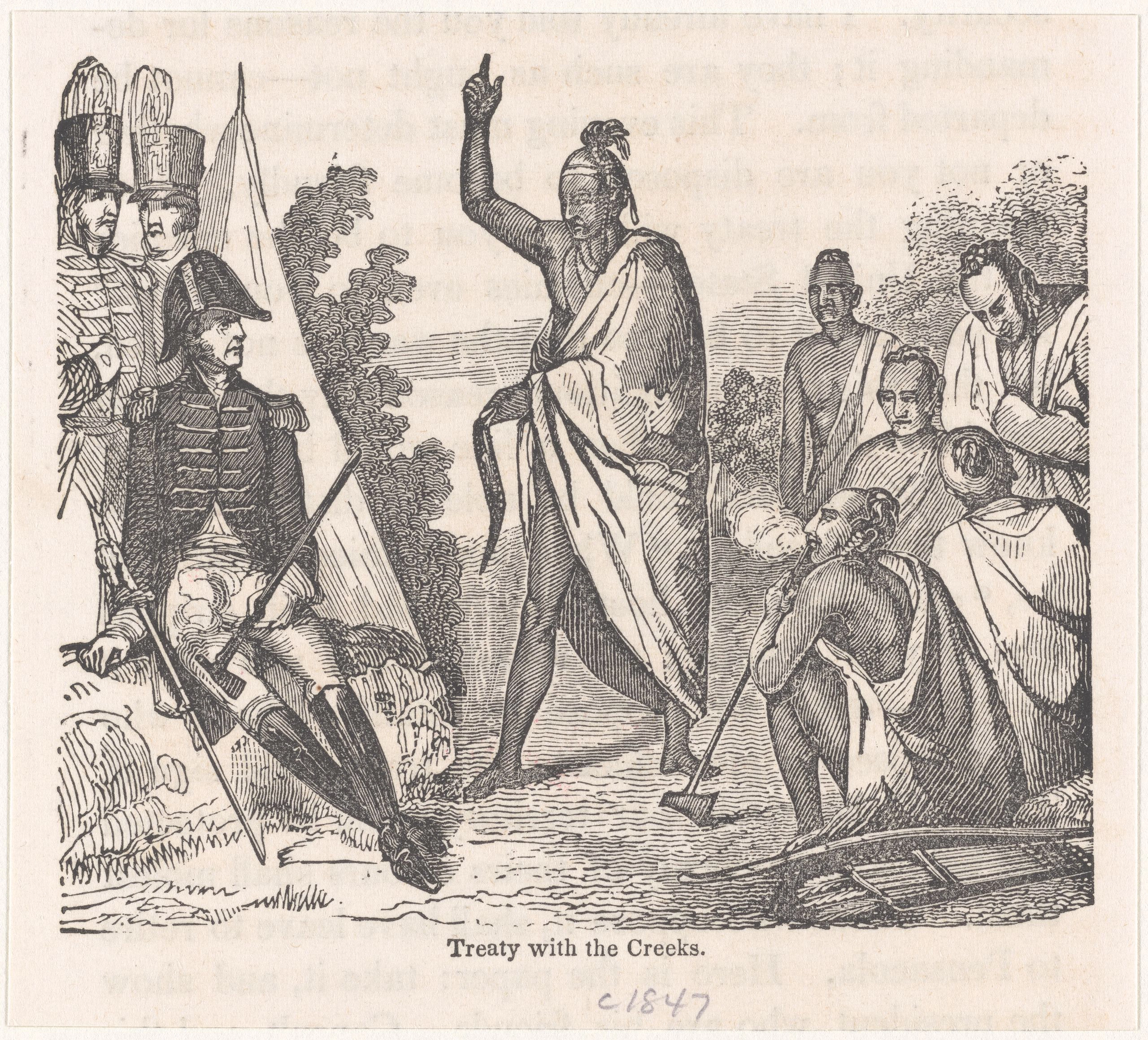 Engraving depicting a Native man standing before other Native and European men with his finger in the air. Below the caption reads, "Treaty with the Creeks."